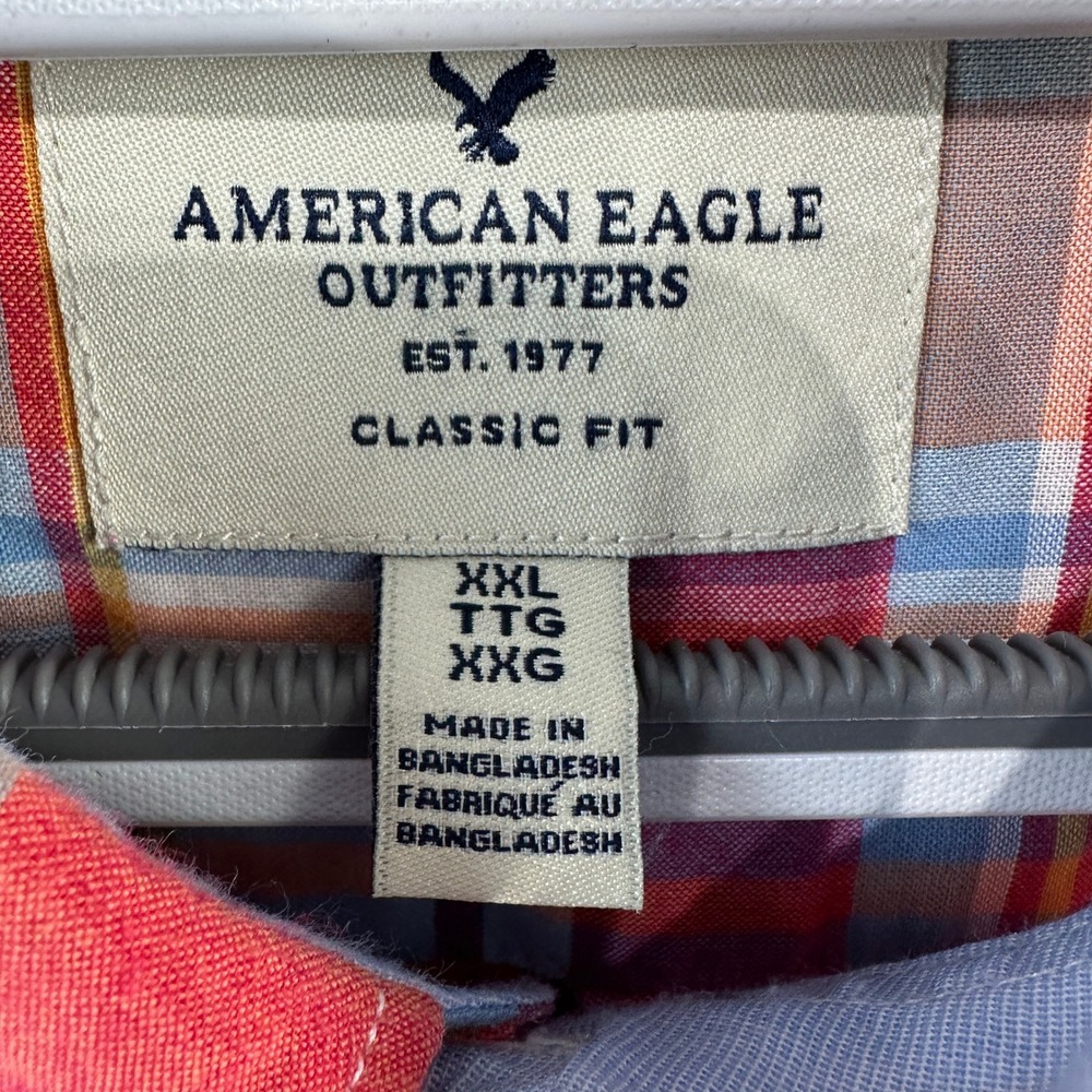 American Eagle Mens XXL Classic Fit Plaid Button Down Shirt Coral Blue Orange - Picture 4 of 7